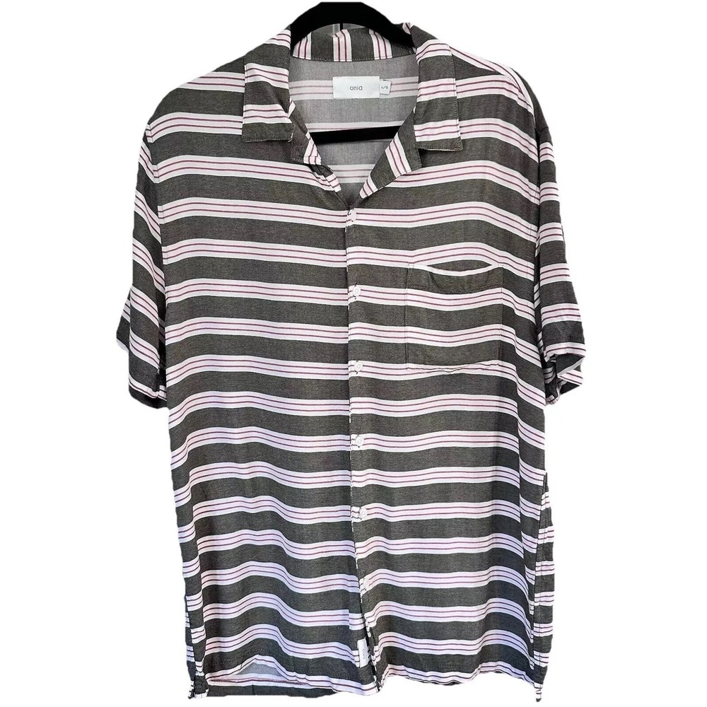 Men's Onia Shirt Large Green Stripe Camp‎ Collar Short Sleeve Casual  *44